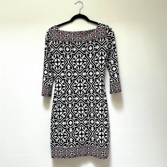 White House Black Market print 3/4 sleeve sheath dress stretch fall outfit - Picture 2 of 8